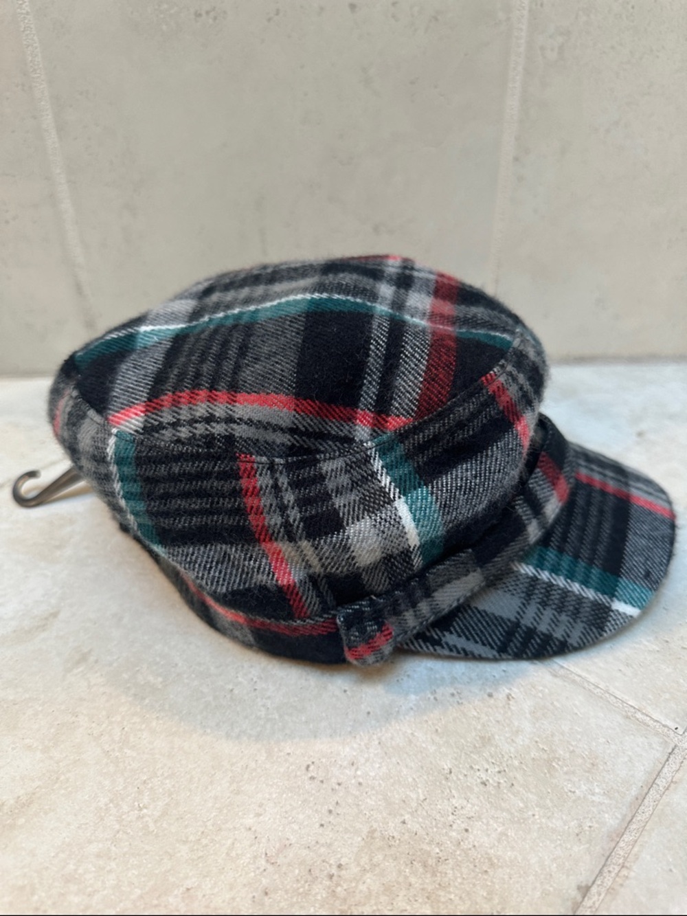 Plaid Wool Newsboy Cap in Black, Gray, Red & Green